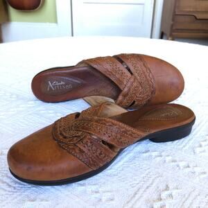Clarks Artisan Collection Brown Leather Slides Slip On Mules Size 7 Boho Chic
